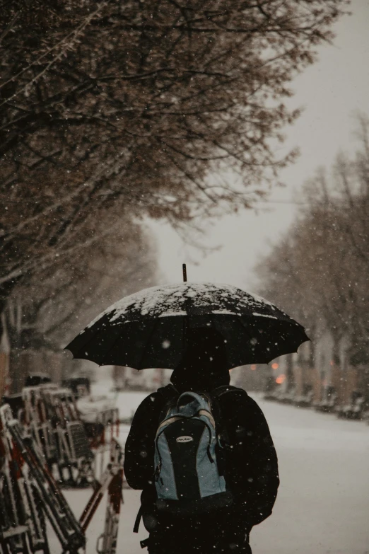 a person walking in the snow with an umbrella, pexels contest winner, with a backpack, background image, college, black