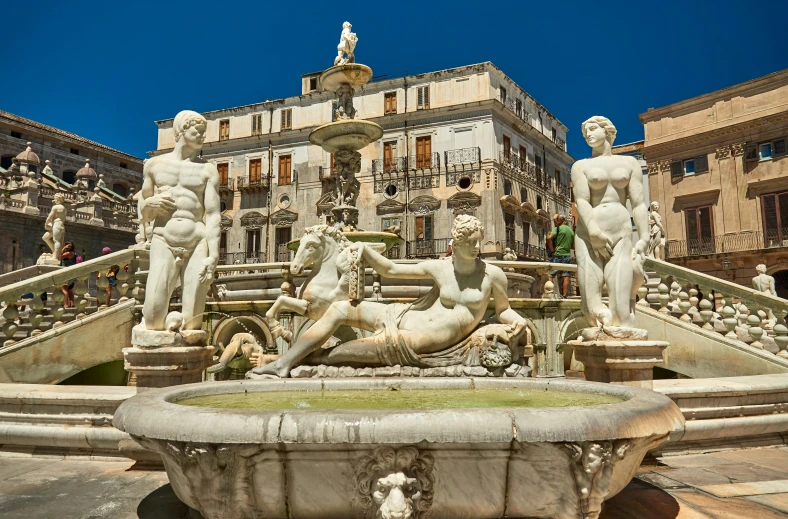 a fountain with statues in front of a building, by Carlo Galli Bibiena, pexels contest winner, neoclassicism, square, avatar image, conversano, high resolution image