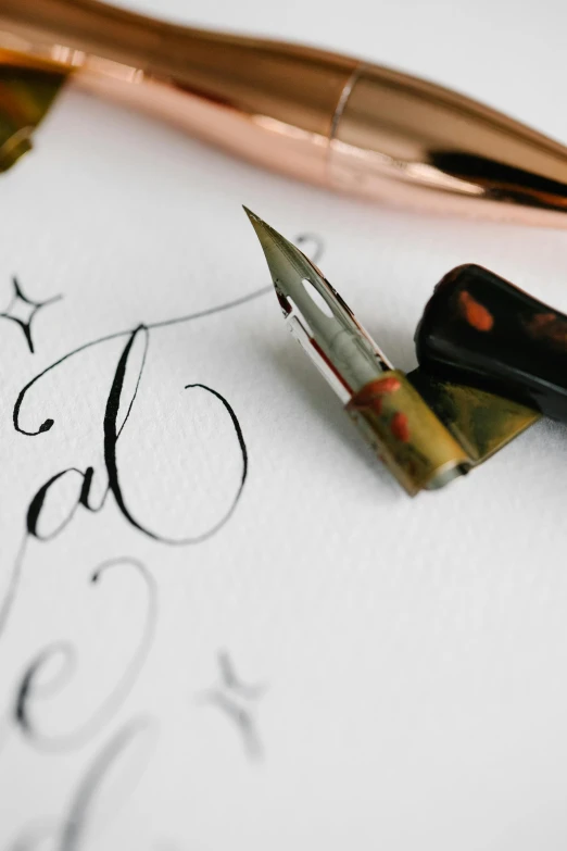 a fountain pen sitting on top of a piece of paper, letterism, intricate copper details, thumbnail, black watercolour, detail shot