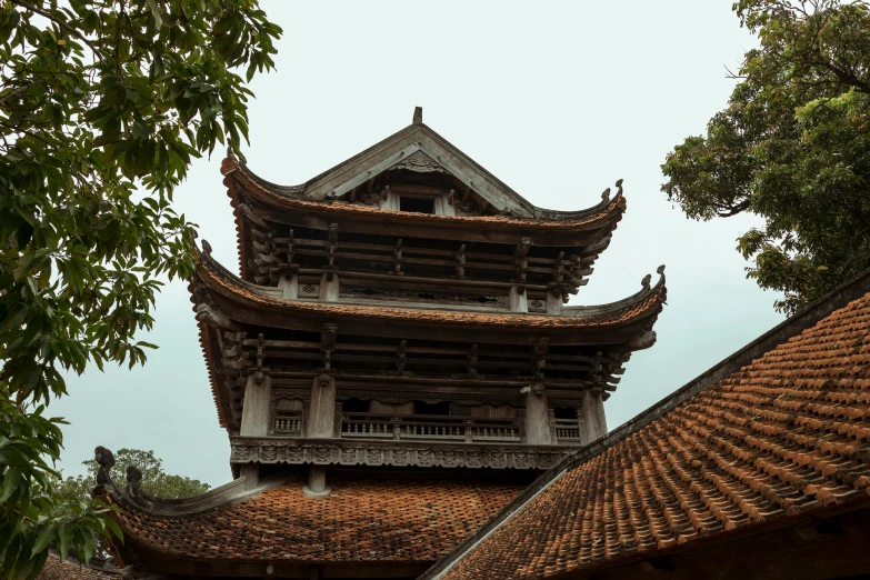 a tall building sitting next to a lush green tree, an album cover, inspired by Wang Yi, trending on unsplash, cloisonnism, vietnamese temple scene, peaked wooden roofs, terrifying architecture, historically accurate