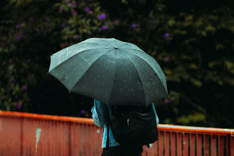 a person walking in the rain with an umbrella, pexels contest winner, black and cyan color scheme, a man wearing a backpack, standing on a bridge, schools