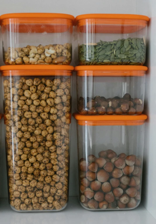 a refrigerator filled with lots of food and nuts, caparisons, brown, medium - shot, square