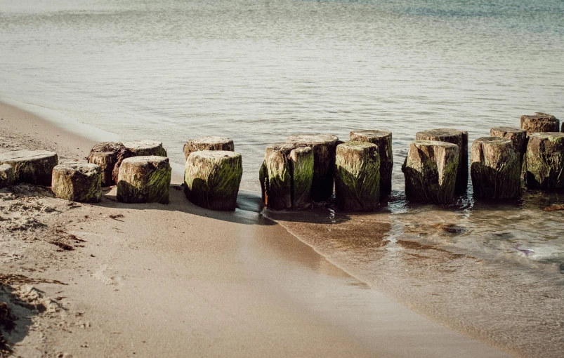 a group of rocks sitting on top of a sandy beach, concrete pillars, brown, beach aesthetic, clean image