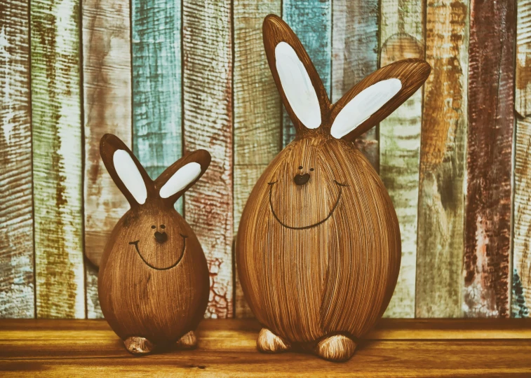 a couple of wooden bunnies sitting next to each other, by Elaine Hamilton, pexels contest winner, retro stylised, happy big chungus, brown, wood effect