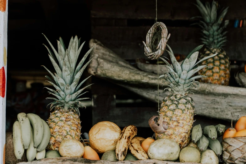 a bunch of pineapples sitting on top of a pile of fruit, a still life, unsplash, rustic setting, background image, hanging, shack close up