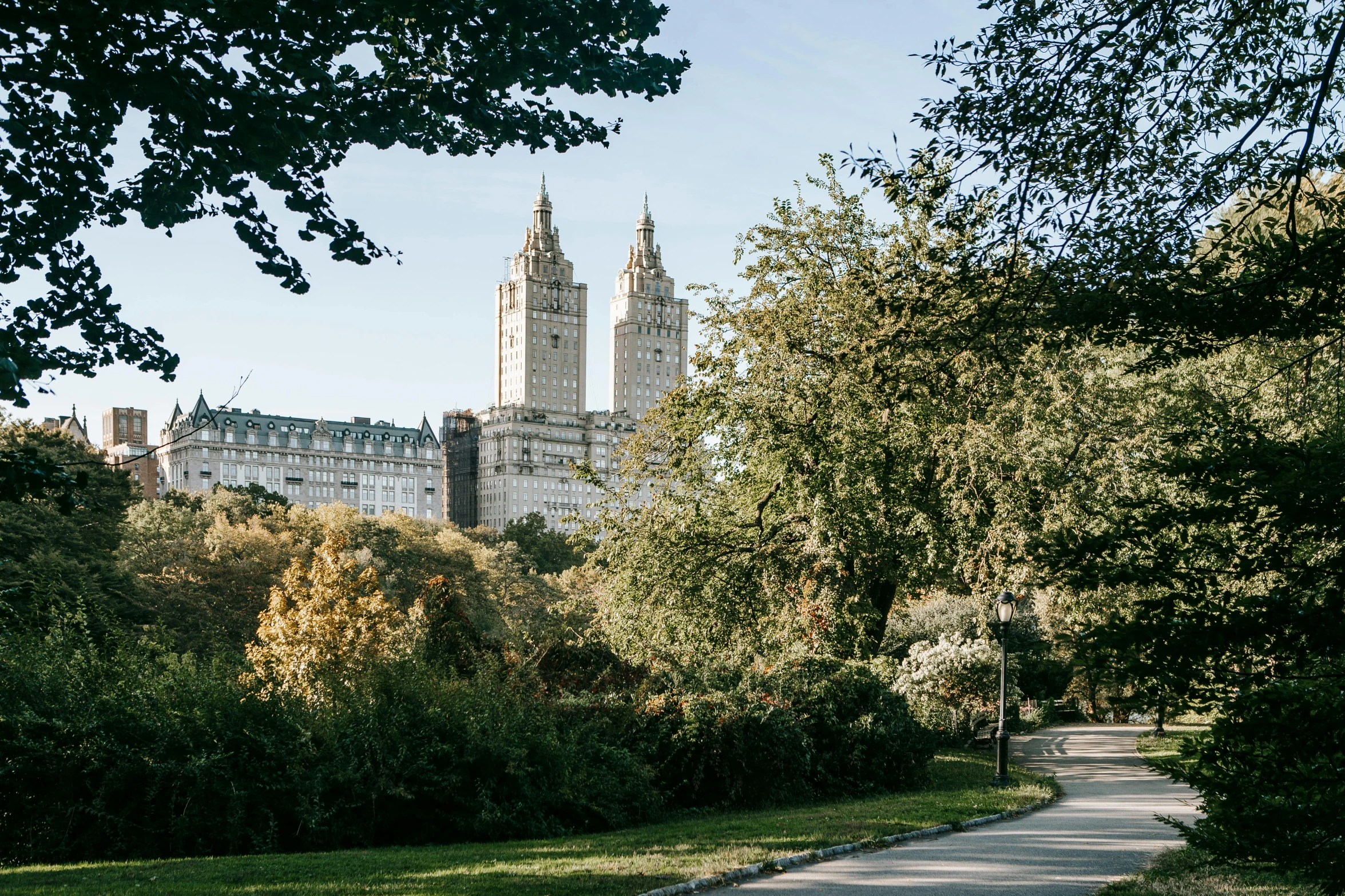 a path in a park with a clock tower in the background, unsplash contest winner, new york buildings, tall spires, wes anderson film, new york zoo in the background