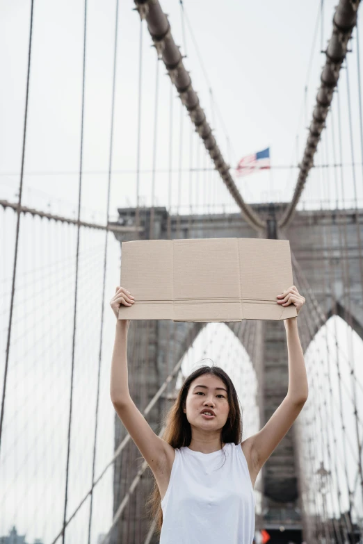 a woman holding up a sign in front of a bridge, trending on unsplash, visual art, new york times, asian man, made of cardboard, patriotism
