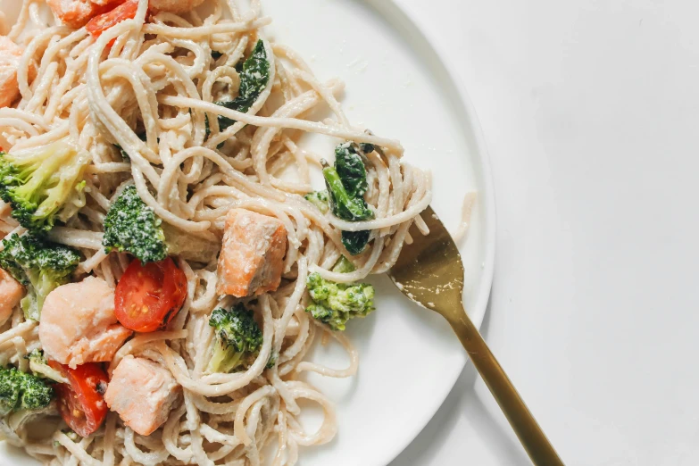 a white plate topped with noodles and broccoli, trending on pexels, dwell, salmon, silver，ivory, spaghetti