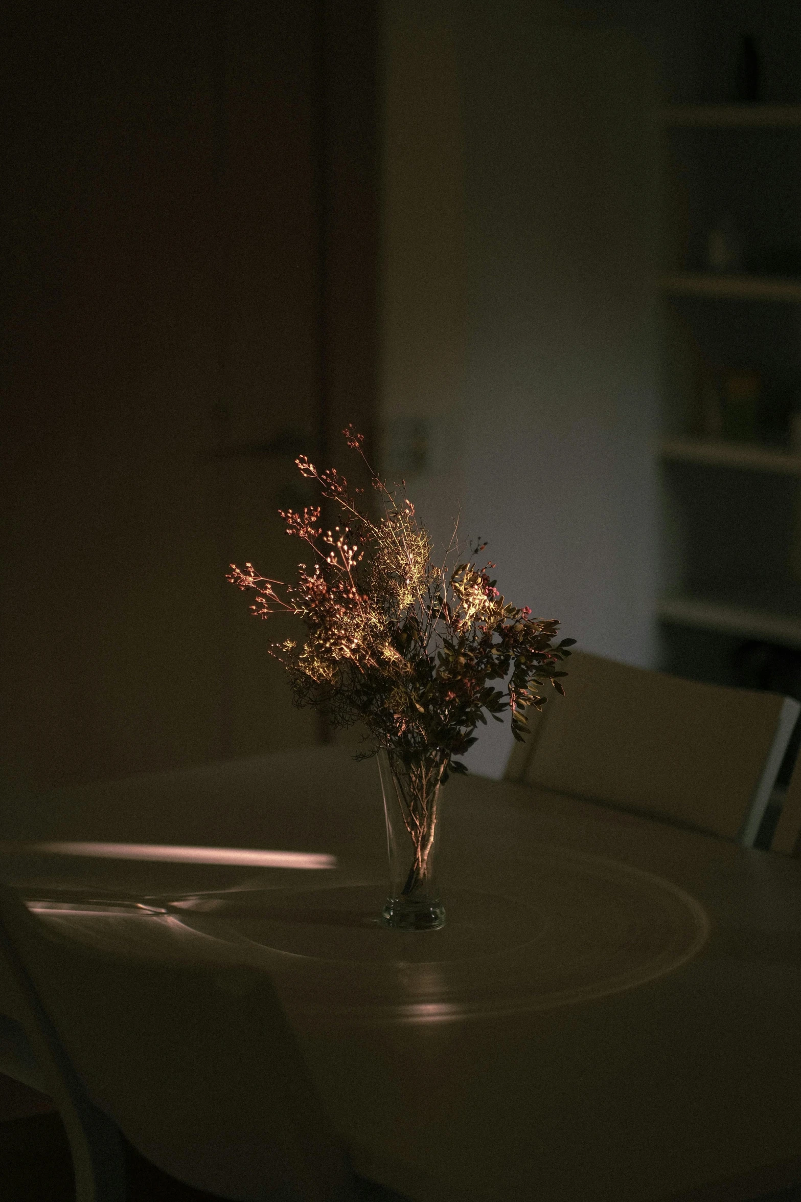 a vase filled with flowers sitting on top of a table, inspired by Elsa Bleda, light and space, small streaks of light through, during autumn, seedy lighting, in a room