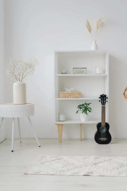 a living room filled with furniture and a guitar, pexels contest winner, minimalism, standing on a shelf, in a white boho style studio, detailed product image, bookshelf