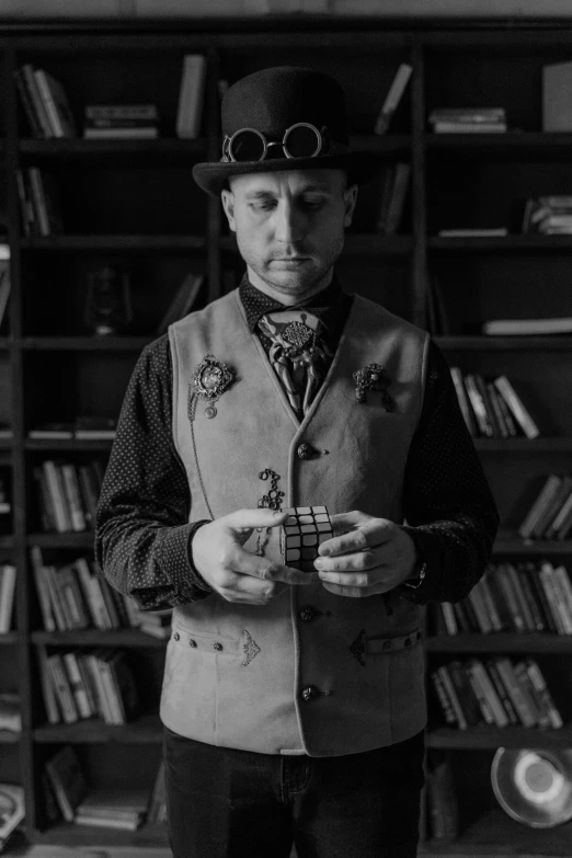a man standing in front of a book shelf, a black and white photo, inspired by Max Magnus Norman, reddit, steampunk male portrait, cardistry, cinematic outfit photo, geometry