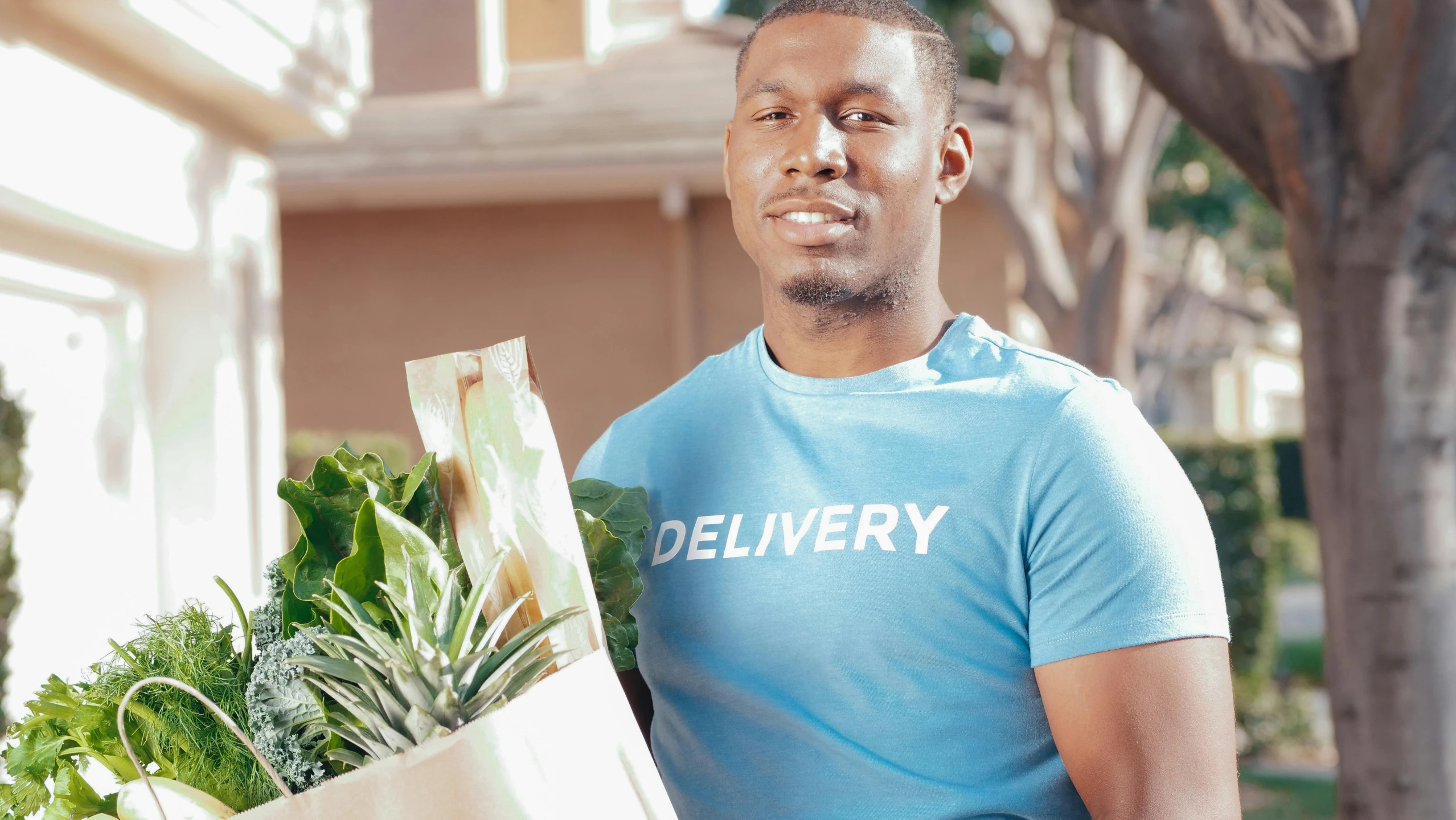 a man holding a grocery bag full of vegetables, an album cover, by Barthélemy Menn, pexels contest winner, hurufiyya, delivering mail, avatar image, mkbhd, holding flowers