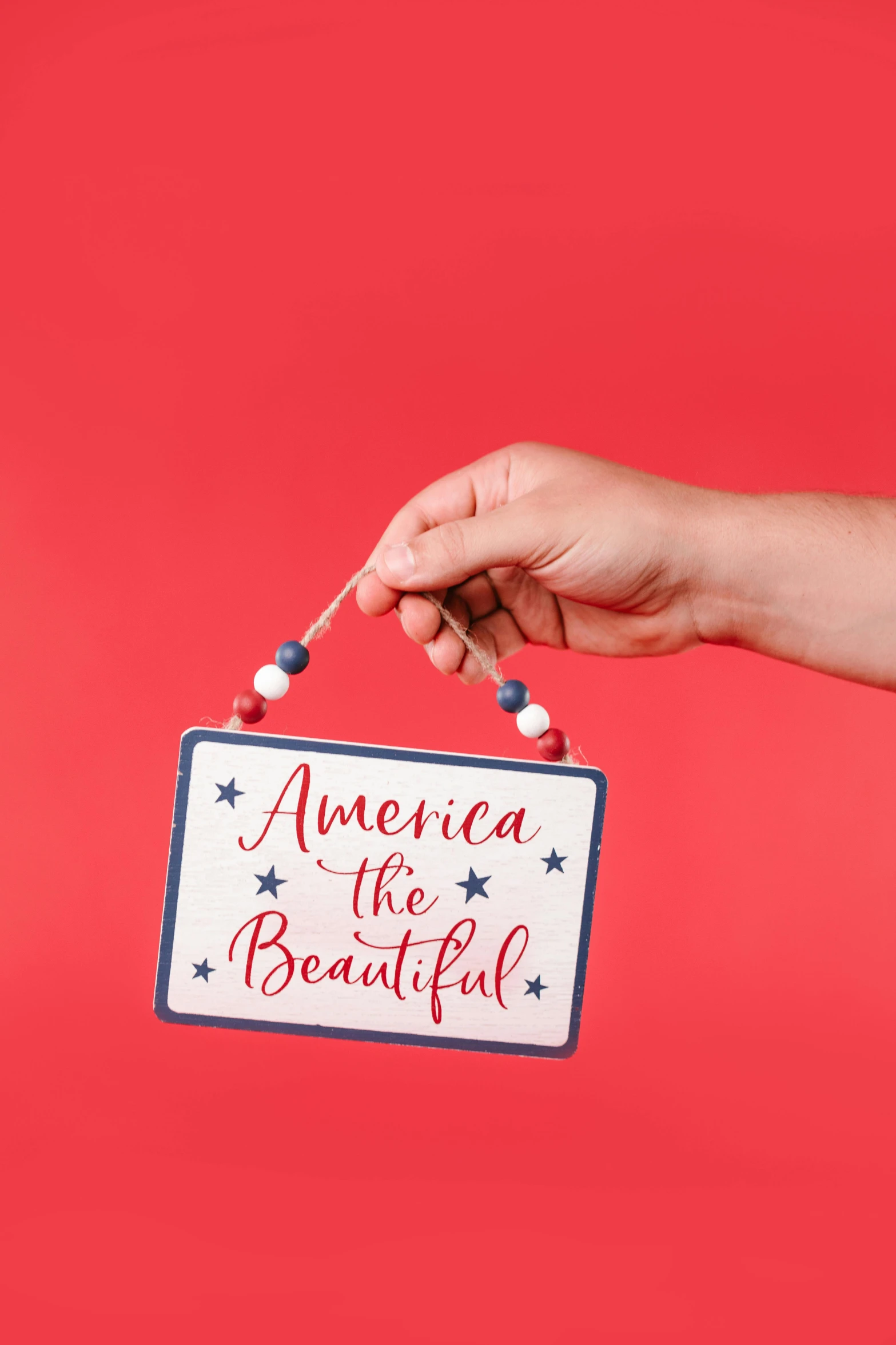 a hand holding a sign that says america the beautiful, a picture, by Arabella Rankin, shutterstock, ornament, high resolution print :1 red, profile pic, do