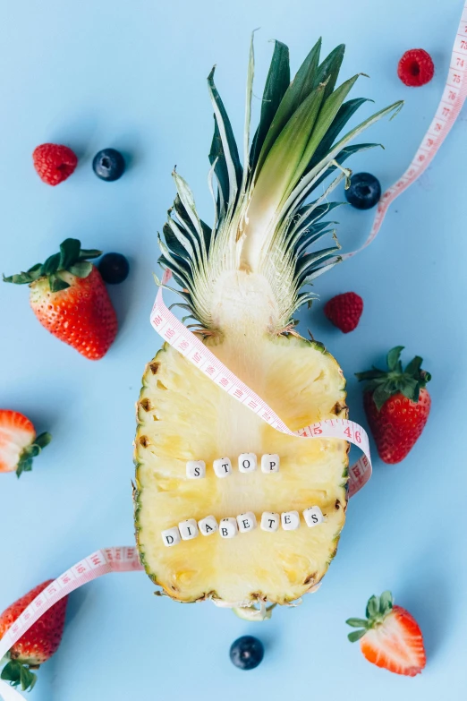 a pineapple with a measuring tape around it, pexels contest winner, aestheticism, “berries, lettering, good night, diecut