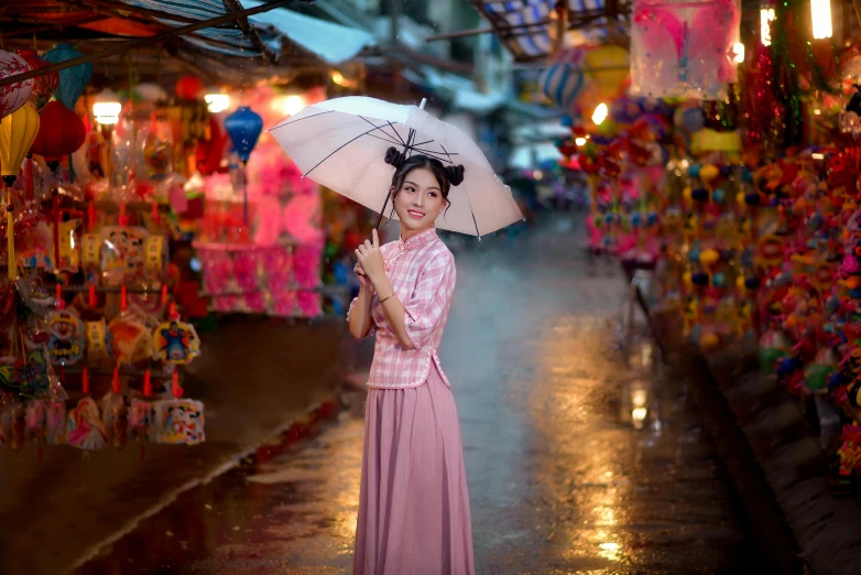 a woman in a pink dress holding an umbrella, a portrait, inspired by Cui Bai, pexels contest winner, evening lanterns, market, avatar image, gray