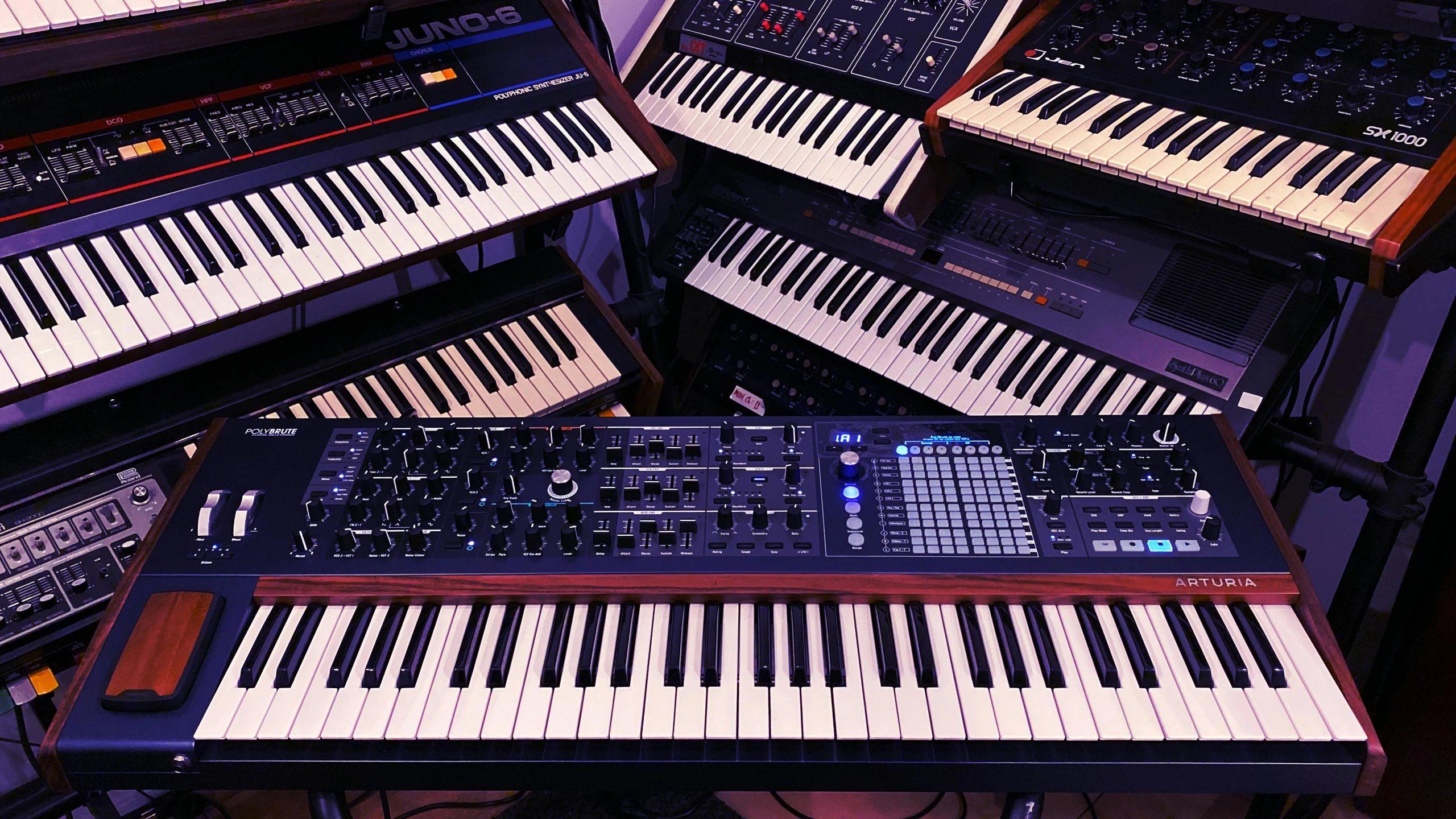 a bunch of electronic keyboards sitting next to each other, an album cover, unsplash, baroque, moog modular synthesizer, thumbnail, studio picture, 🚿🗝📝