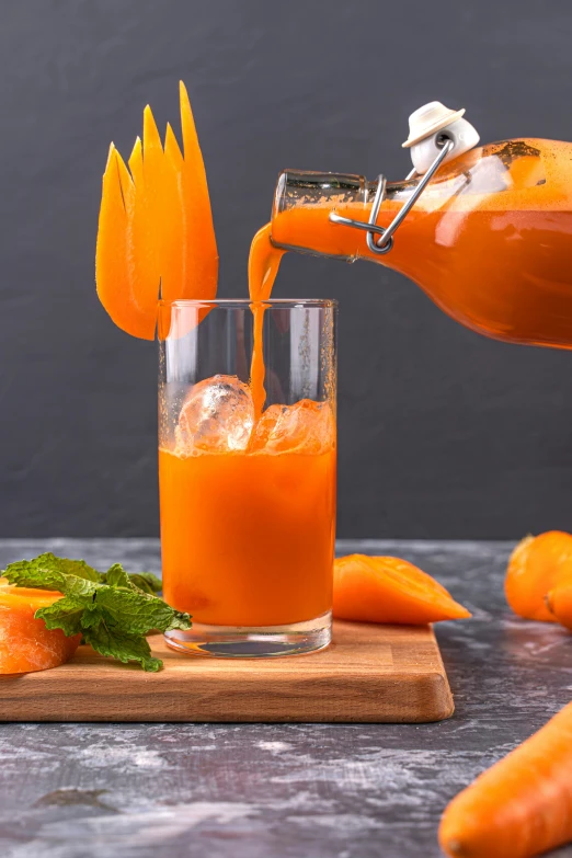 a person pouring carrot juice into a glass, inspired by Jan Kupecký, shutterstock contest winner, iced tea glass, thumbnail, moroccan, mango