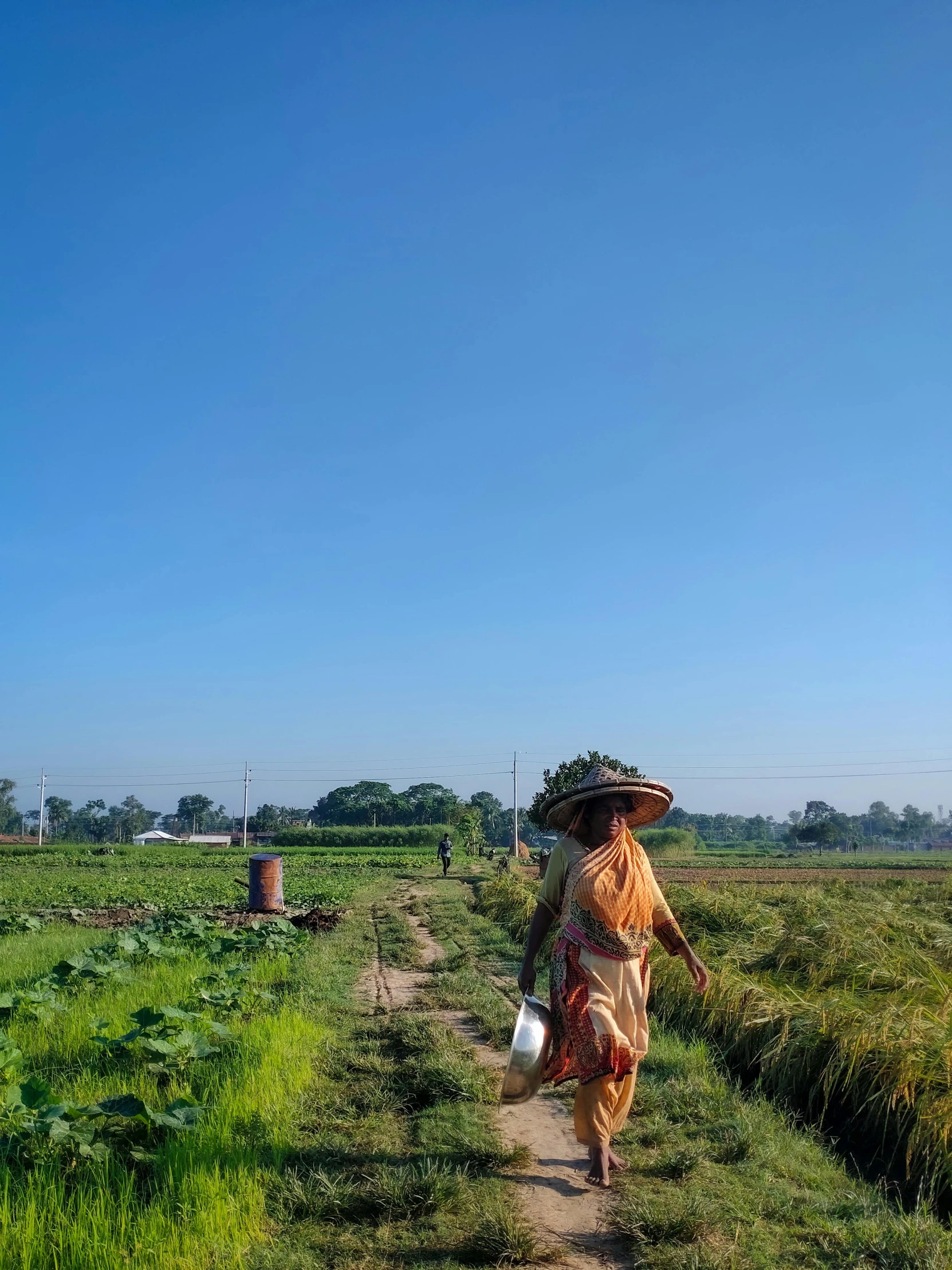 a woman walking down a dirt road next to a lush green field, single bangla farmer fighting, profile image