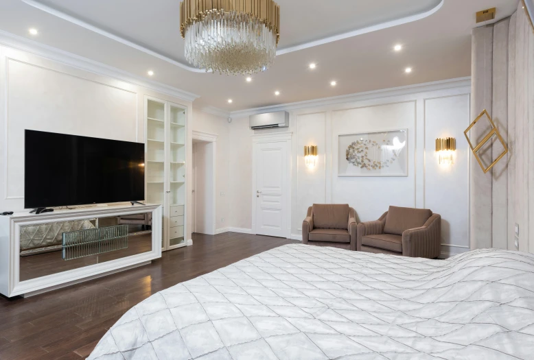 a large bed sitting under a chandelier in a bedroom, by Alexander Fedosav, pexels contest winner, neo kyiv, white with gold accents, simple ceiling, high quality 4 k