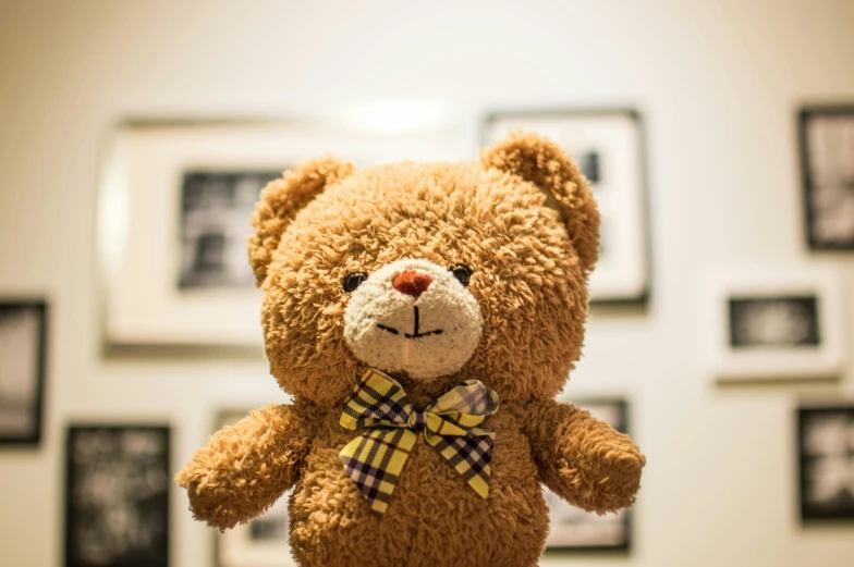 a brown teddy bear sitting on top of a table, a picture, pexels contest winner, in an art gallery], cute face, shot on sony a 7, ilustration