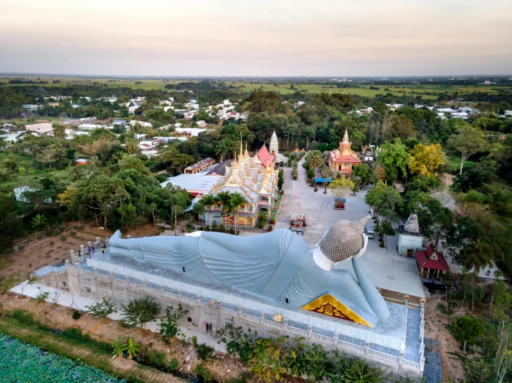 a large statue sitting on top of a lush green field, ariel view, thai temple, alex gray, ultrawide image