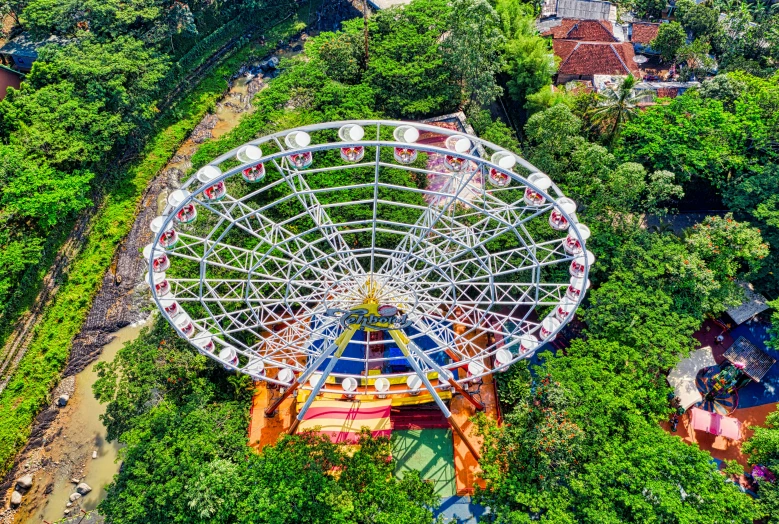 an aerial view of a ferris wheel in a park, by Julia Pishtar, sumatraism, coban, ultra - wide view, 🦩🪐🐞👩🏻🦳, flying saucer