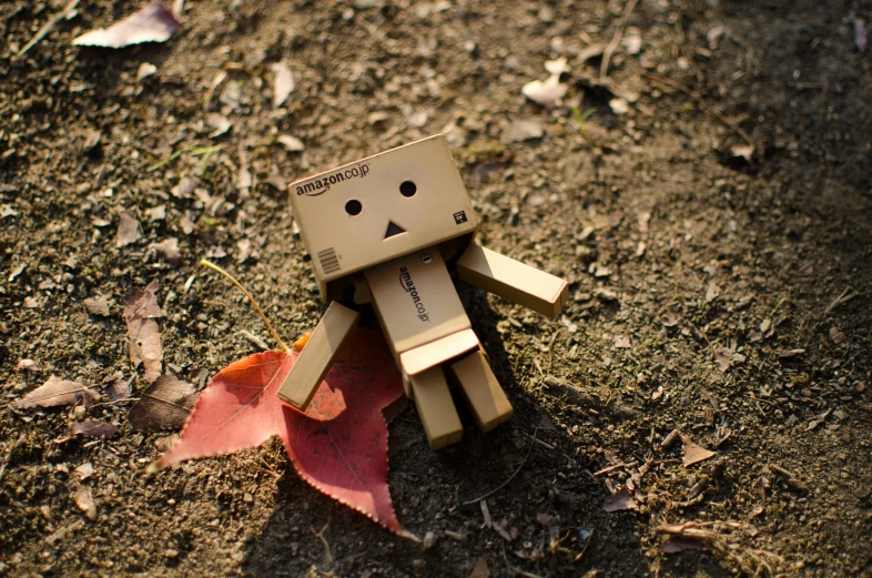 a cardboard robot sitting on top of a leaf covered ground, a picture, by Julia Pishtar, unsplash, the mekanik doll, square, with a hurt expression, floating alone