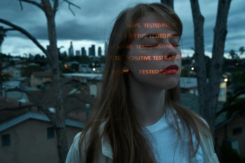 a woman standing on top of a roof next to a tree, inspired by Elsa Bleda, pexels contest winner, auto-destructive art, markings on her face, with neon signs, portrait of depressed teen, test