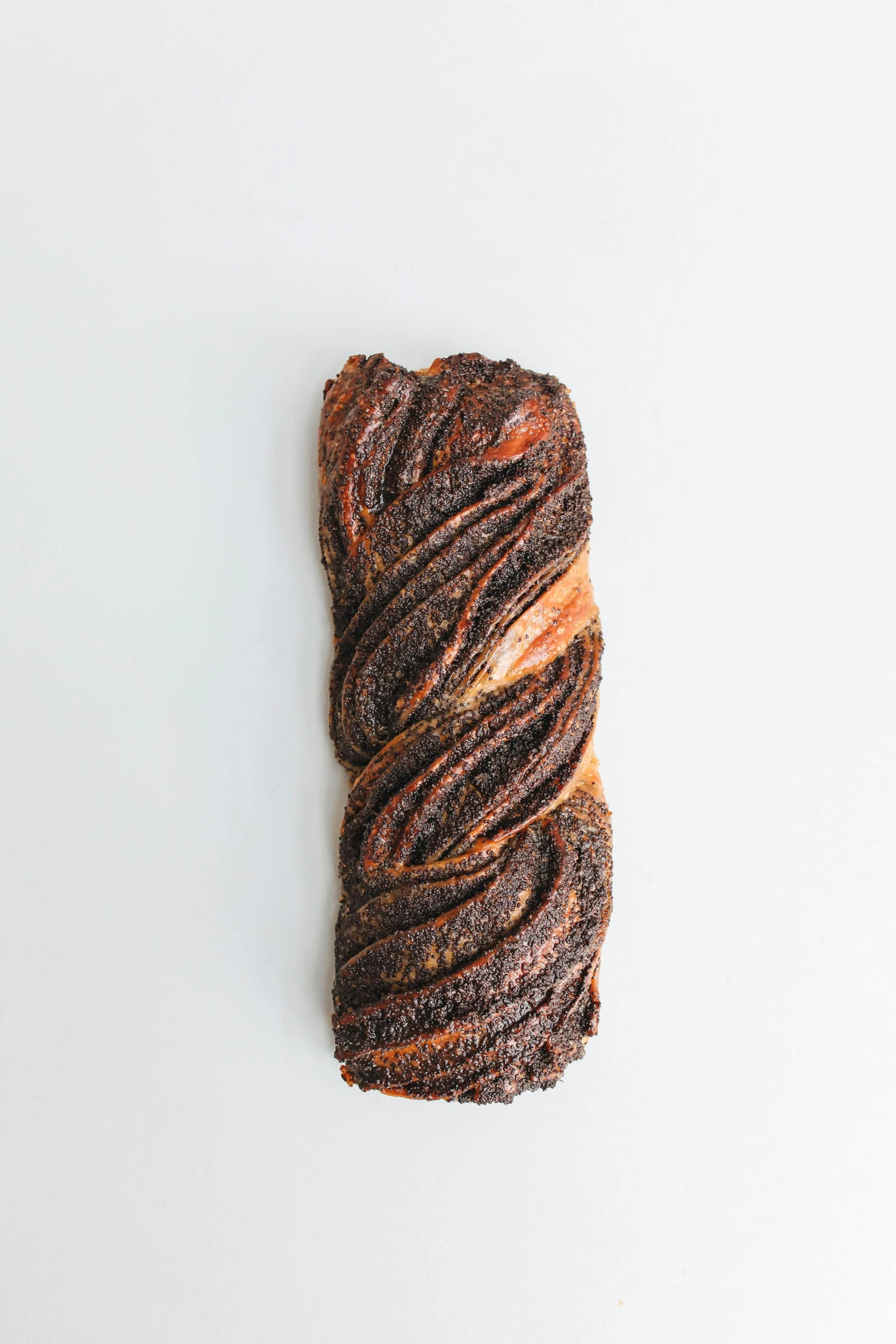 a piece of bread sitting on top of a white surface, swirly dark hair, twisted braid, black and terracotta, lined up horizontally