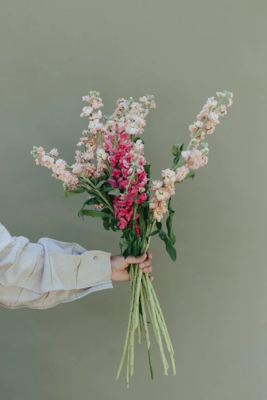 a man holding a bunch of pink and white flowers, by Elsie Few, unsplash, 3/4 front view, giants, vine, large tall