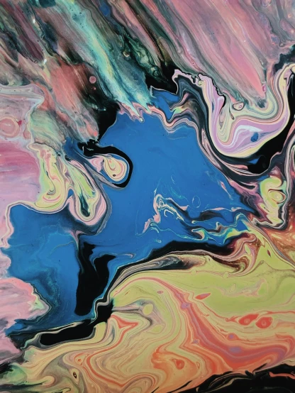 a close up of a painting on a table, inspired by Shōzō Shimamoto, trending on unsplash, aerial iridecent veins, made of liquid, abstract album cover, blue and pink colors