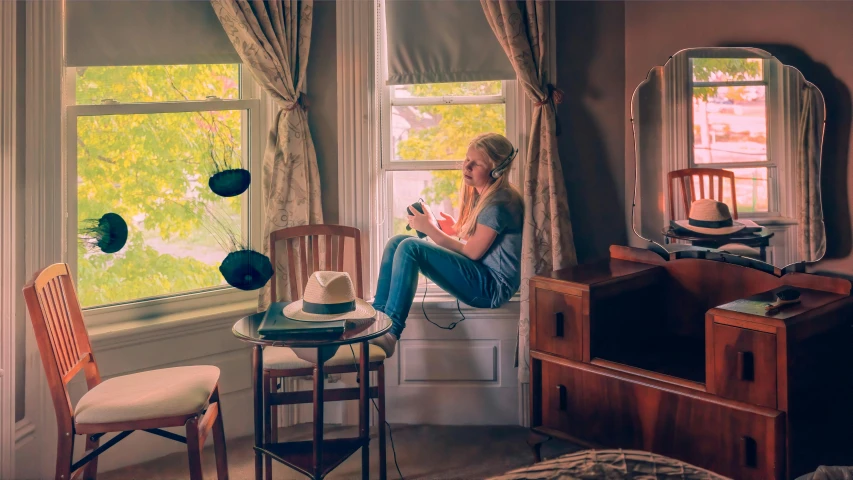 a woman sitting on a window sill reading a book, inspired by Edward Hopper, happening, amber heard squatting on a bed, hdr cinematic lighting, erin moriarty, instagram photo