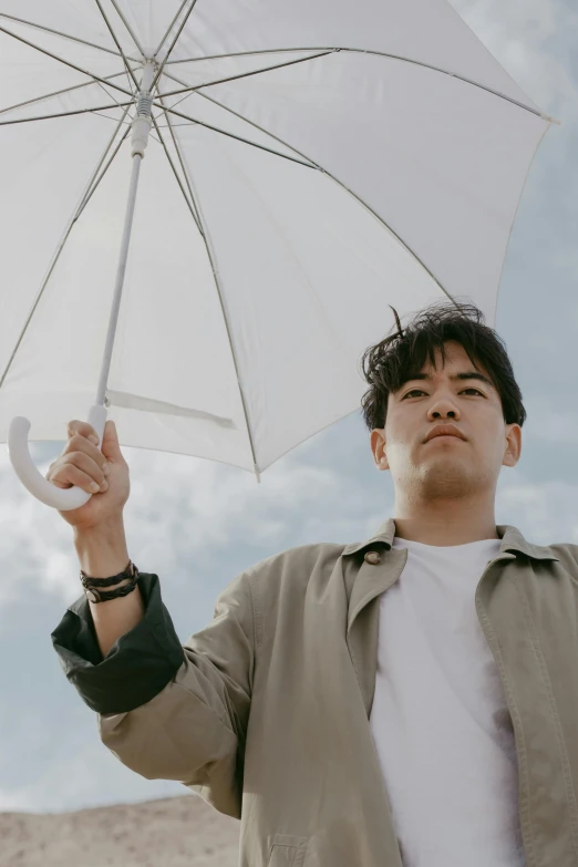 a man holding a white umbrella in the desert, an album cover, unsplash contest winner, asian male, looking confused, on a rainy day, summer sky