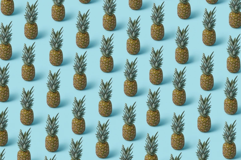 a bunch of pineapples on a blue background, by Carey Morris, trending on unsplash, optical illusion, repeating, in rows, digital ilustration, highly detailed image