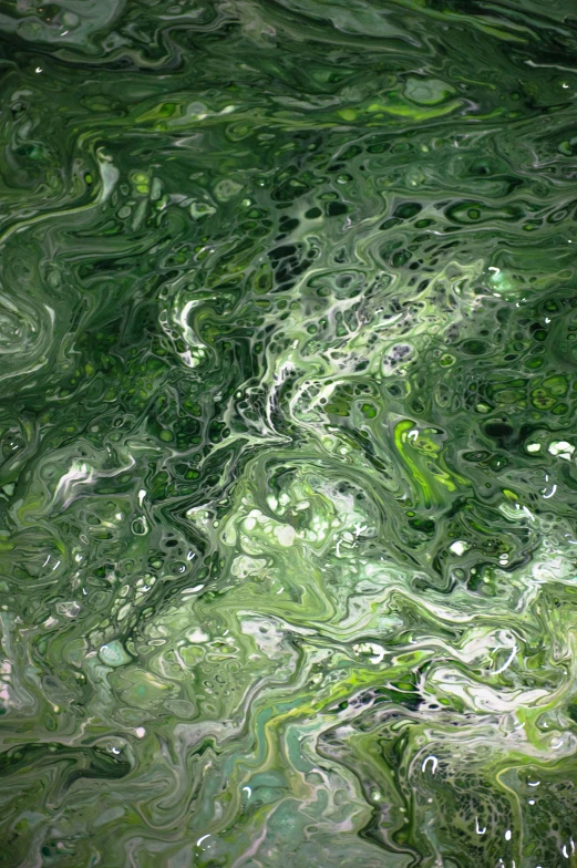 a close up of a green substance in a body of water, a detailed painting, inspired by Art Green, reddit, green and white, made of liquid metal and marble, 144x144 canvas, highly detailed oil-painting