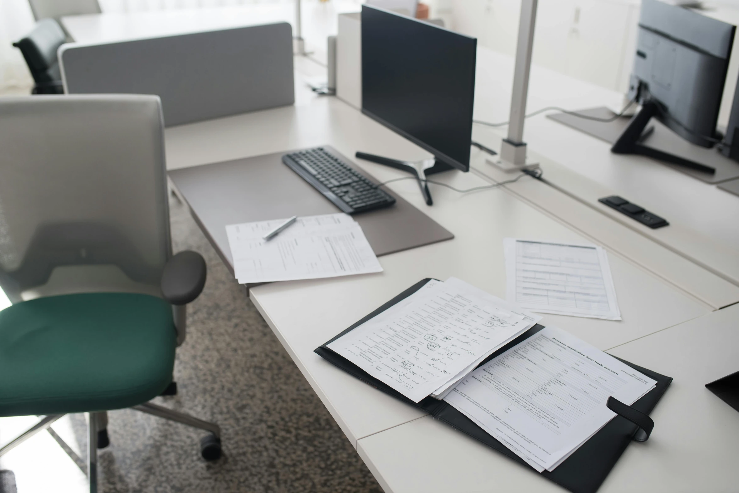 a desktop computer sitting on top of a white desk, private press, papers on table, liam brazier, tables and chairs, thumbnail