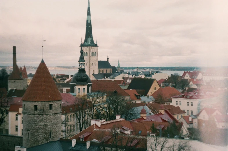 a view of a city from the top of a hill, by Emma Andijewska, trending on unsplash, hurufiyya, tallinn, square, moomin, muted colors. ue 5