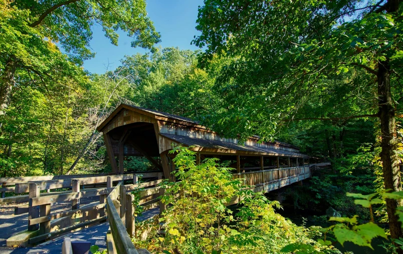 a covered bridge in the middle of a forest, on a bright day, cleveland, porches, getty images