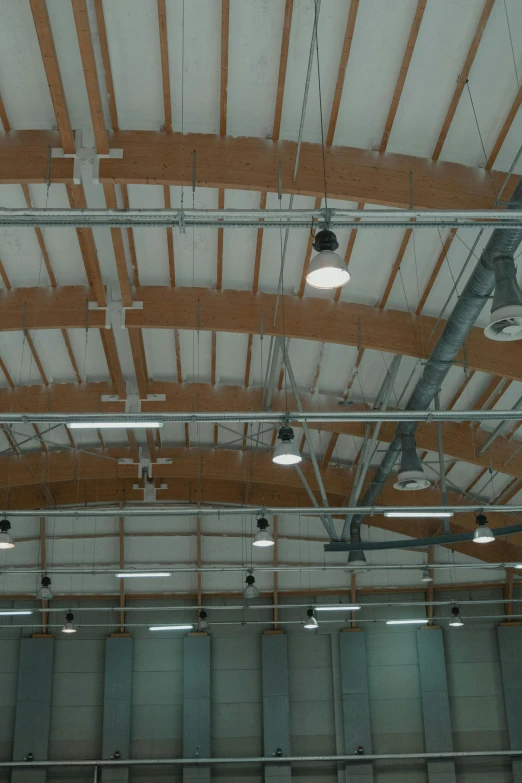 a group of lights hanging from the ceiling of a building, in an arena, nadir lighting, peaked wooden roofs, lamp ( ( ( gym ) ) ) )