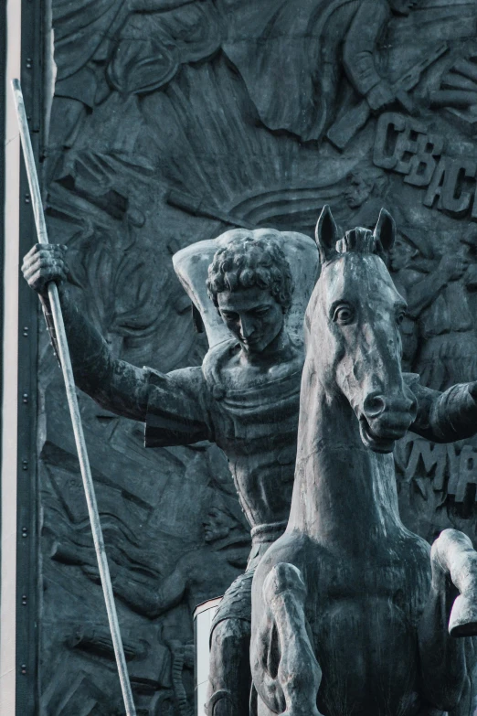 a statue of a man riding on the back of a horse, inspired by Roman Bezpalkiv, pexels contest winner, in front of a carved screen, grey, 1968 soviet, spear in the right hand