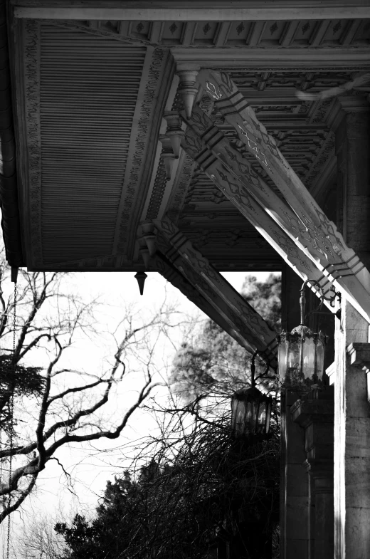 a black and white photo of a building, a black and white photo, inspired by Torii Kiyomitsu, dripping stalagtites, sitting under bridge, overhanging branches, porches