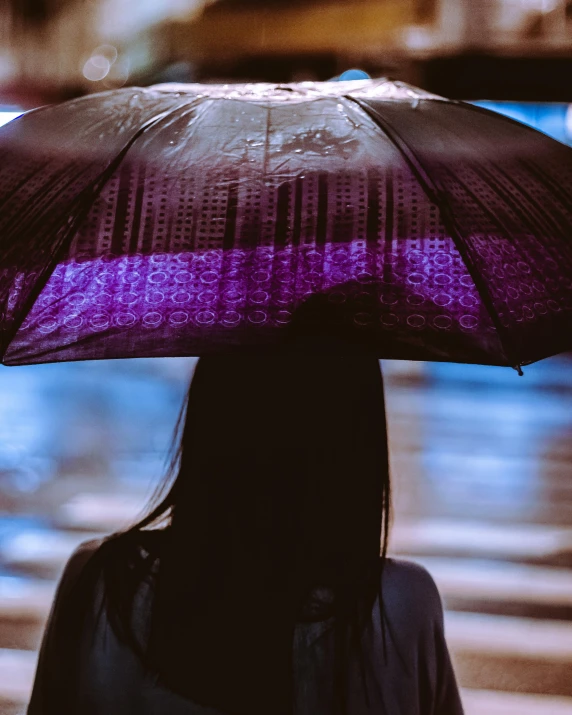 a woman holding an umbrella over her head, inspired by Elsa Bleda, purple - tinted, asian women, grainy. poorly rated, lgbtq