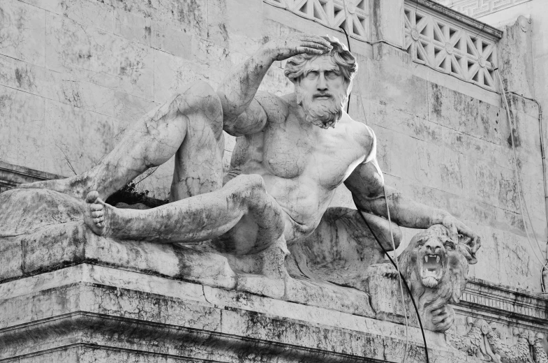 a black and white photo of a statue on a building, by Giorgio Cavallon, myth of narcissus, monstrous animal statues, roma, sculpture made of water