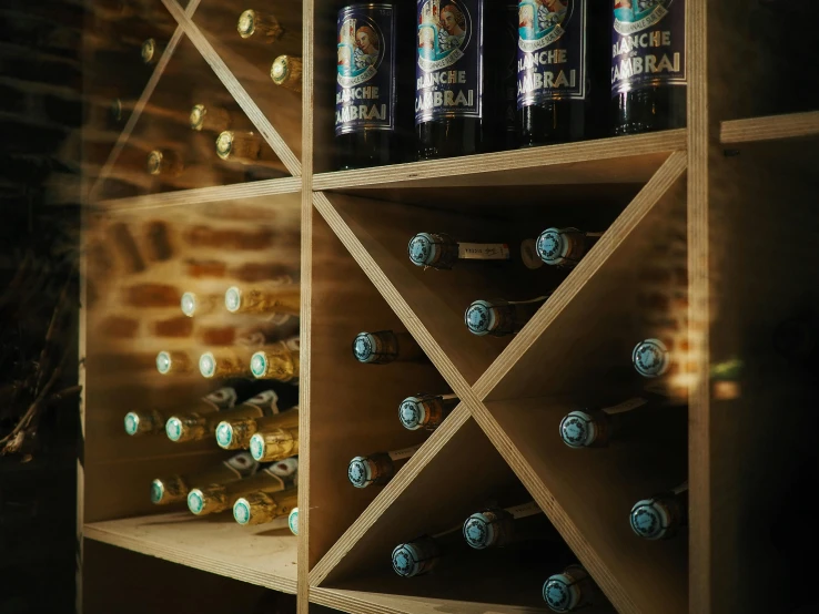 a wooden wine rack filled with bottles of wine, a digital rendering, by Thomas Häfner, pexels contest winner, beer, afternoon lighting, instagram picture, brown