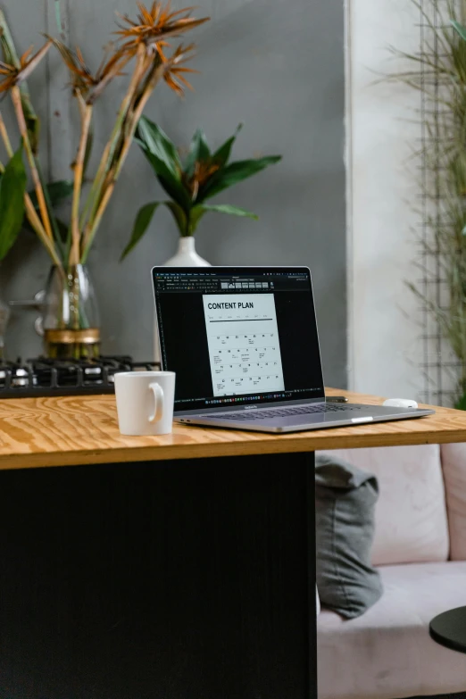 a laptop computer sitting on top of a wooden table, a computer rendering, pexels contest winner, character sheets on table, cafe, plants, black interface