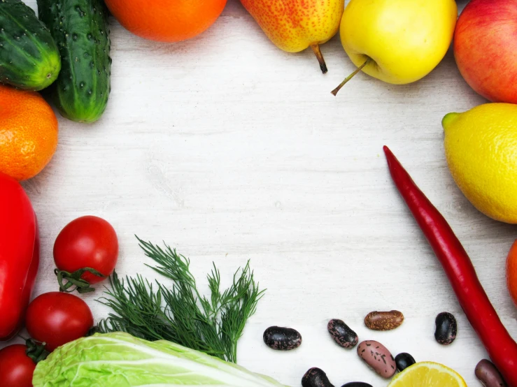 a variety of fruits and vegetables arranged in a circle, pexels, realism, on a white table, background image, square, recipe