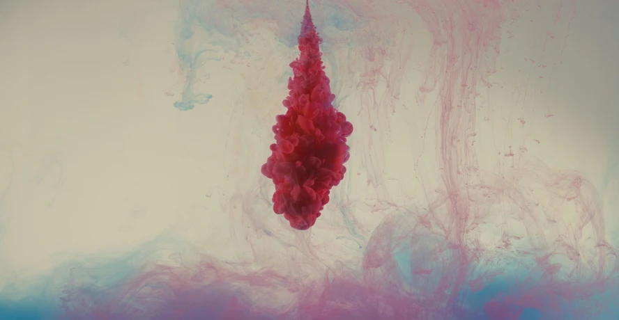 a close up of a red substance in water, an album cover, pexels contest winner, generative art, she is floating in the air, color ink, high quality upload, made of cotton candy