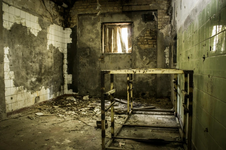 a room that has a table in it, by Elsa Bleda, arte povera, inside a decayed hospital room, istock, an escape room in a small, promo image