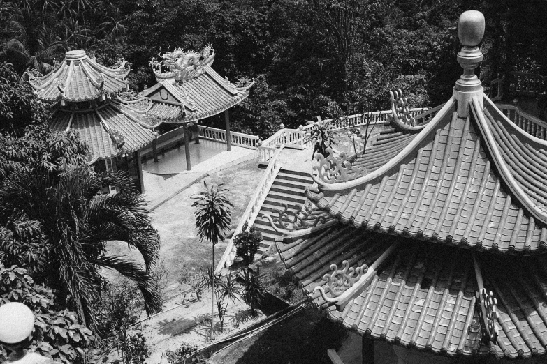 a black and white photo of a pagoda, by Maurycy Gottlieb, overhead view, enter the dragon 1973, malaysia jungle, tiled roofs