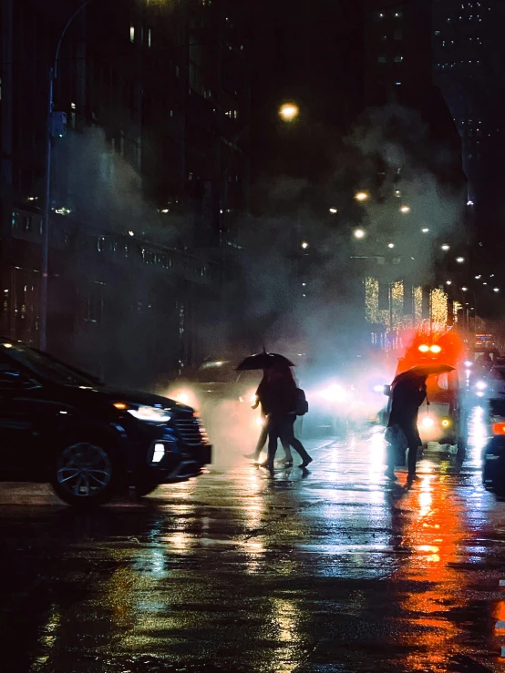 a group of people crossing a street at night, unsplash contest winner, photorealism, downpour, nighttime in gotham city, ☁🌪🌙👩🏾, snapchat photo